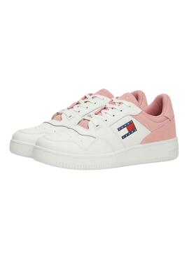 Zapatillas Tommy Jeans Basket retro rosa y blanco para mujer