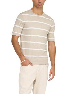 Camiseta Only and Sons Wyler rayas beige para hombre