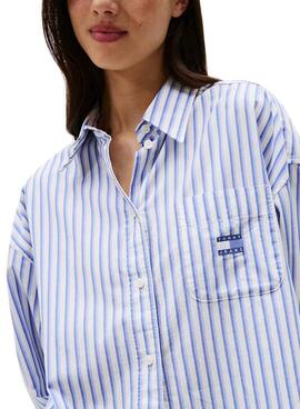 Camisa Tommy Jeans Badge Stripe azul para mujer