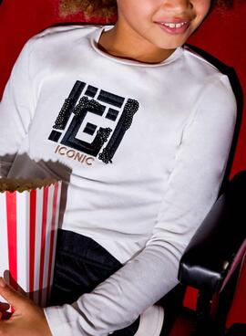 Camiseta Mayoral bordado lentejuelas blanco niña