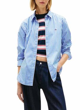 Camisa de popelín Tommy Jeans azul rayas para mujer