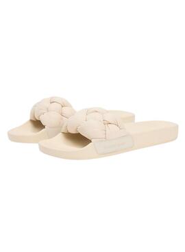 Chanclas Tommy Jeans de pala trenzada beige para mujer
