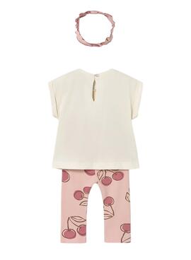 Conjunto bebé camiseta, legging y diadema de cerezas rosa para niña