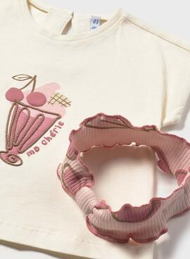 Conjunto bebé camiseta, legging y diadema de cerezas rosa para niña