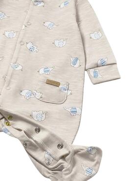 Conjunto pelele y gorro Mayoral estampado elefantes arena para bebé