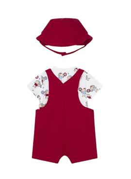 Conjunto Mayoral peto rojo con camiseta estampada y gorro para bebé