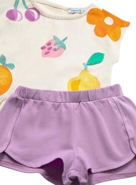 Conjunto Mayoral frutas beige y lila para niña