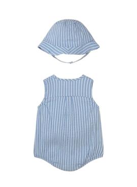 Pelele Mayoral rayas azul cielo con gorro para bebé niño