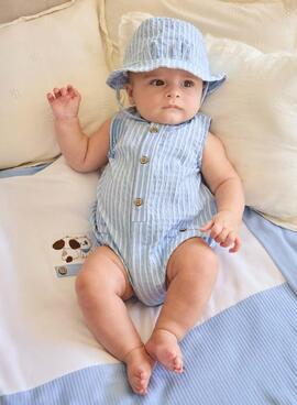 Pelele Mayoral rayas azul cielo con gorro para bebé niño