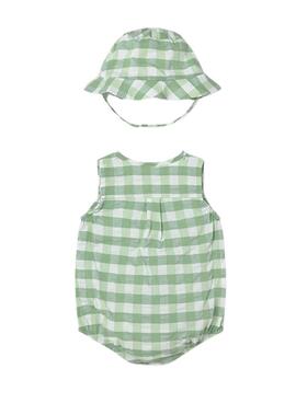 Pelele Mayoral vichy verde con gorro para bebé niño