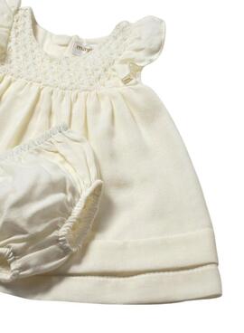 Conjunto Mayoral vestido y cubrepañal crudo para bebé