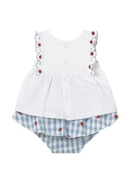 Pelele Mayoral blanco con vichy azul y fresas para bebé