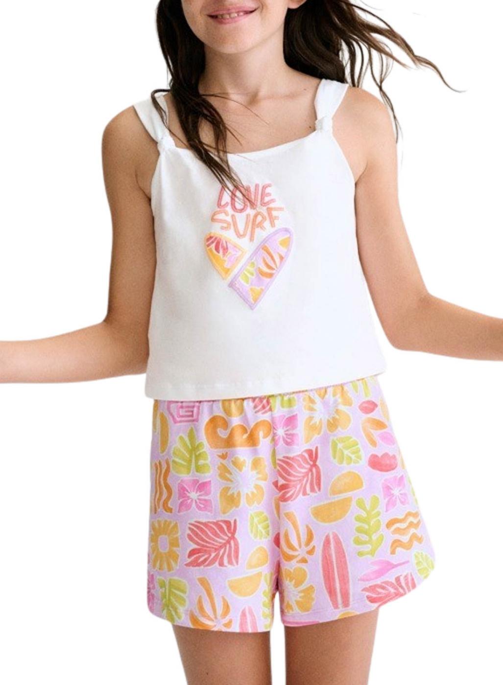 Conjunto Mayoral top blanco y short estampado multicolor para niña