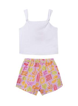 Conjunto Mayoral top blanco y short estampado multicolor para niña