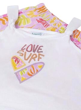 Conjunto Mayoral top blanco y short estampado multicolor para niña
