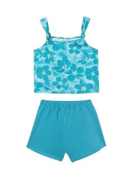 Conjunto Mayoral top estampado azul y short turquesa para niña