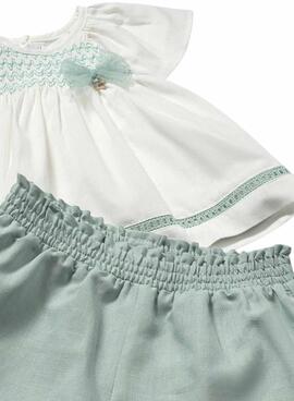 Conjunto Mayoral blusa blanca y short verde agua para bebé
