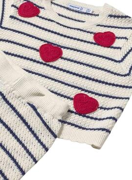Conjunto Mayoral de punto crudo con rayas marino y corazones rojos para niña