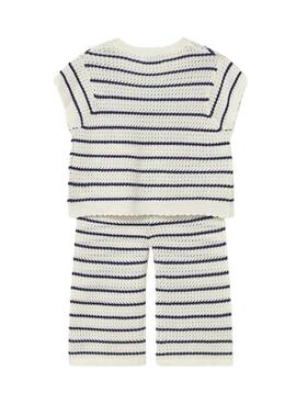 Conjunto Mayoral de punto crudo con rayas marino y corazones rojos para niña