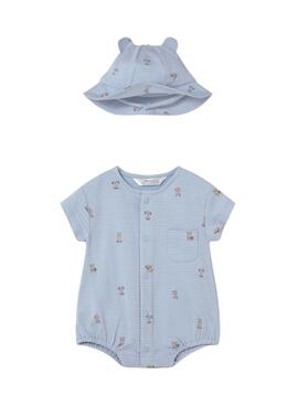 Conjunto Mayoral pelele azul cielo con gorro para bebé